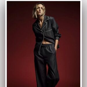 Zara Chambray/Denim Cotton Jacket with White Piping